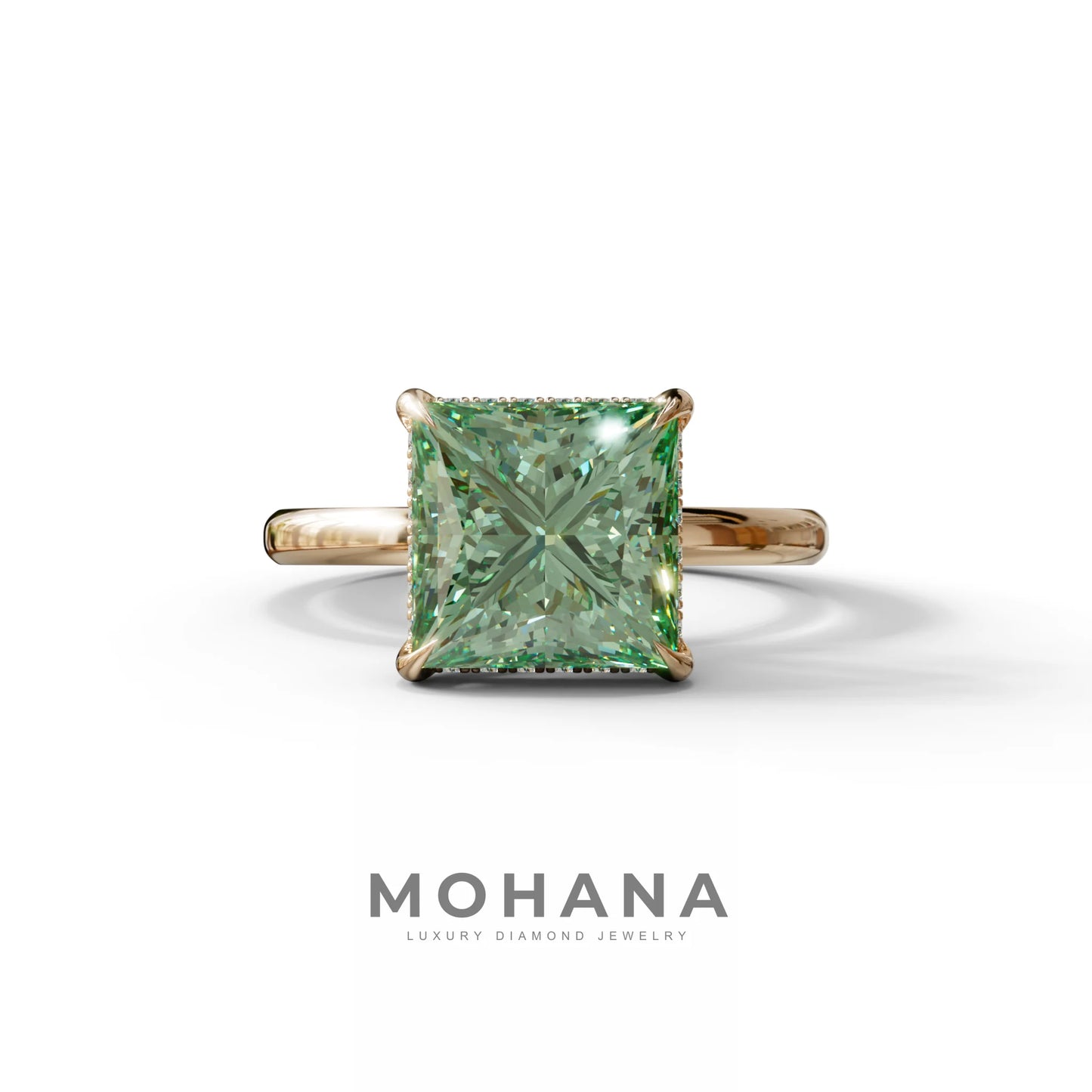 3 Carat Princess Cut Green Lab Diamond Hidden Halo Engagement Ring - 10K Solid Gold / Rose Gold