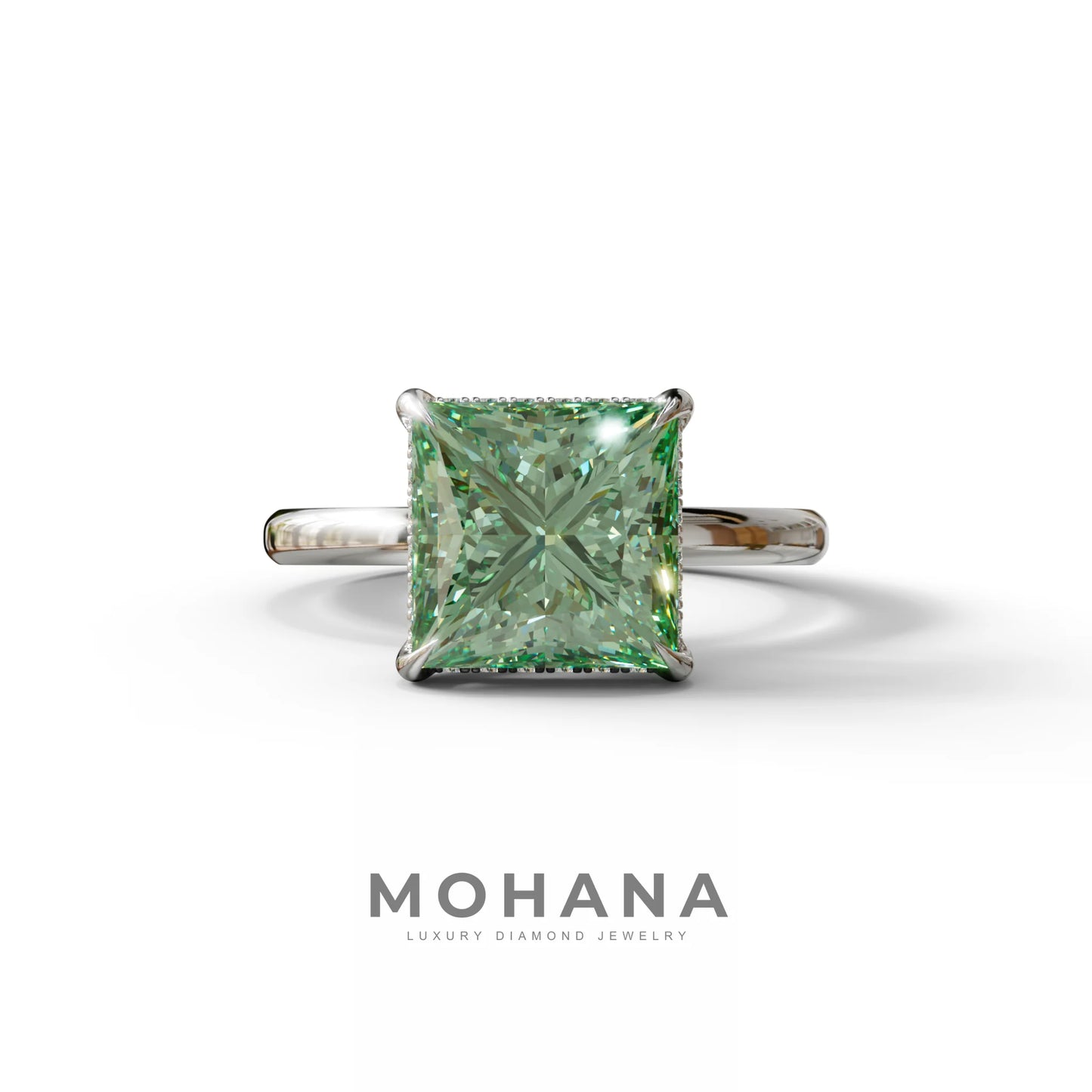 3 Carat Princess Cut Green Lab Diamond Hidden Halo Engagement Ring - 10K Solid Gold / White Gold