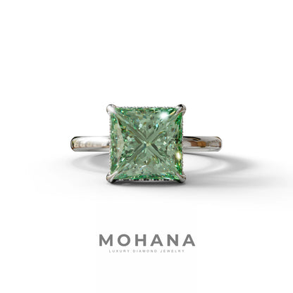 3 Carat Princess Cut Green Lab Diamond Hidden Halo Engagement Ring - 10K Solid Gold / White Gold