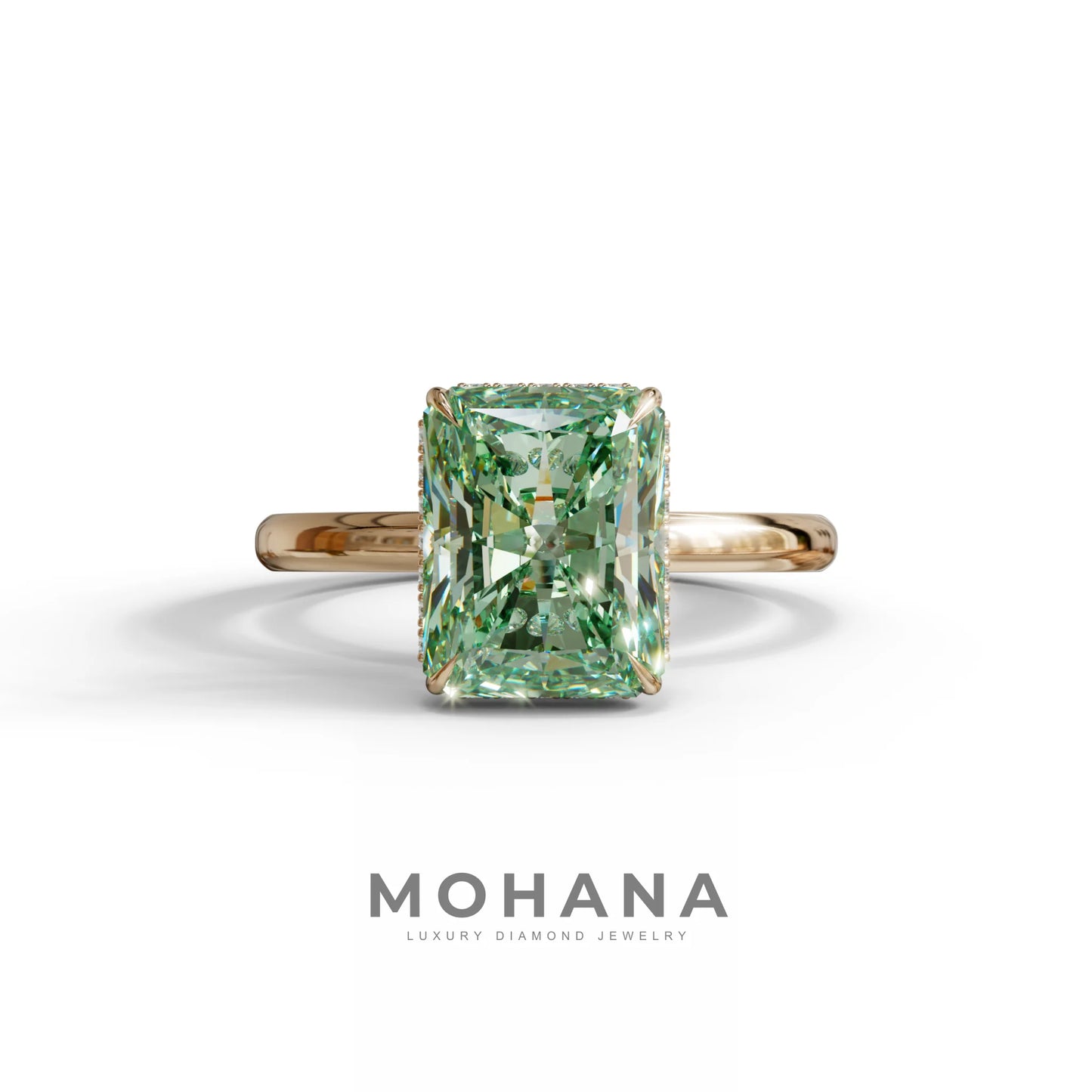 3 Carat Green Radiant Cut Hidden Halo Lab Diamond Ring - 10K Solid Gold / Rose Gold