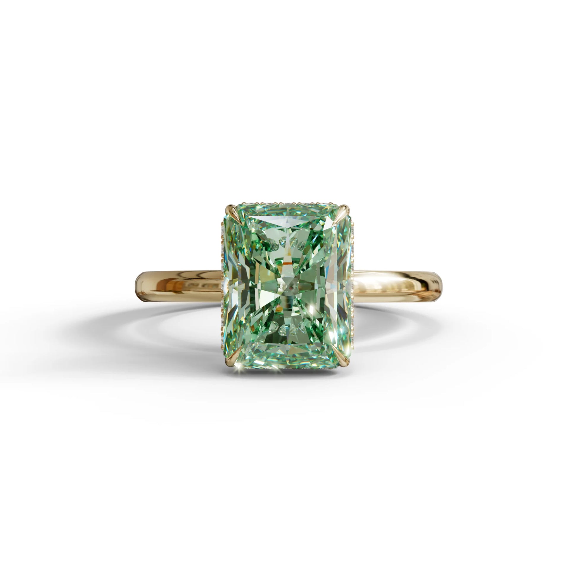 3 Carat Green Radiant Cut Hidden Halo Lab Diamond Ring - 10K Solid Gold / Yellow Gold