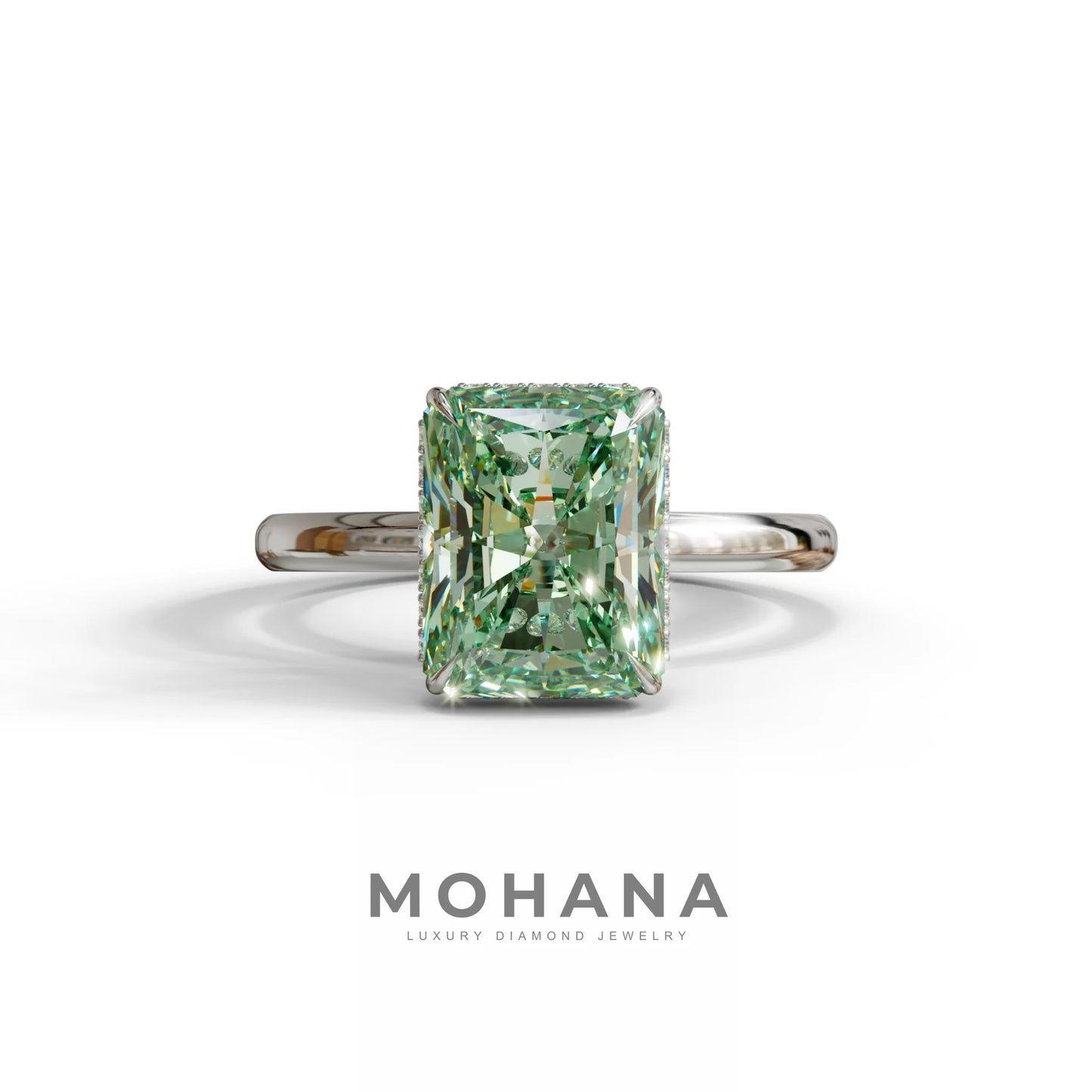 3 Carat Green Radiant Cut Hidden Halo Lab Diamond Ring - 10K Solid Gold / White Gold