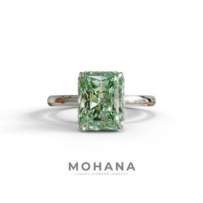 3 Carat Green Radiant Cut Hidden Halo Lab Diamond Ring - 10K Solid Gold / White Gold