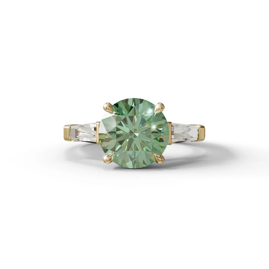 3 Carat Green Round & Tapered Cut Multi Stone Lab Diamond Ring - Reflection - 10K Solid Gold / Yellow Gold