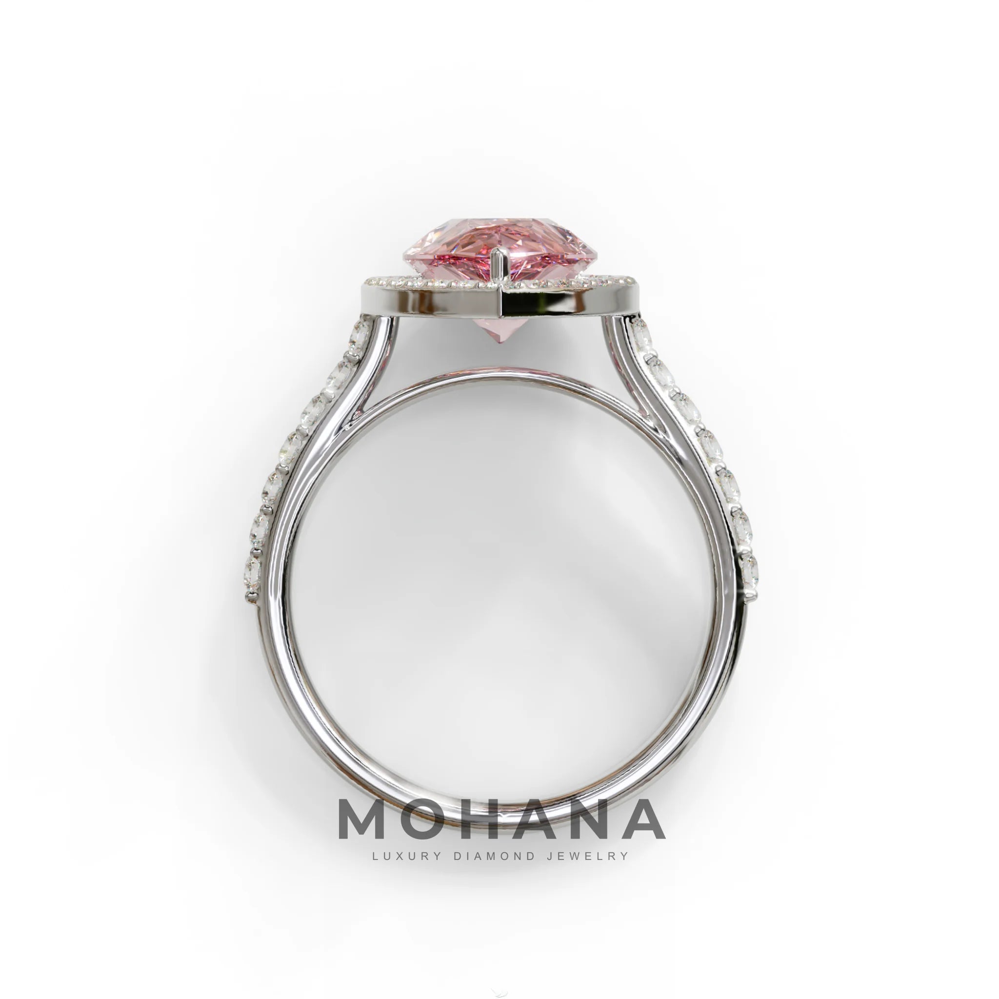 3 Carat Fancy Intense Pink Lab Grown Diamond Engagement Ring · Pear Cut Halo & Split Shank Pavé in 18K White Gold