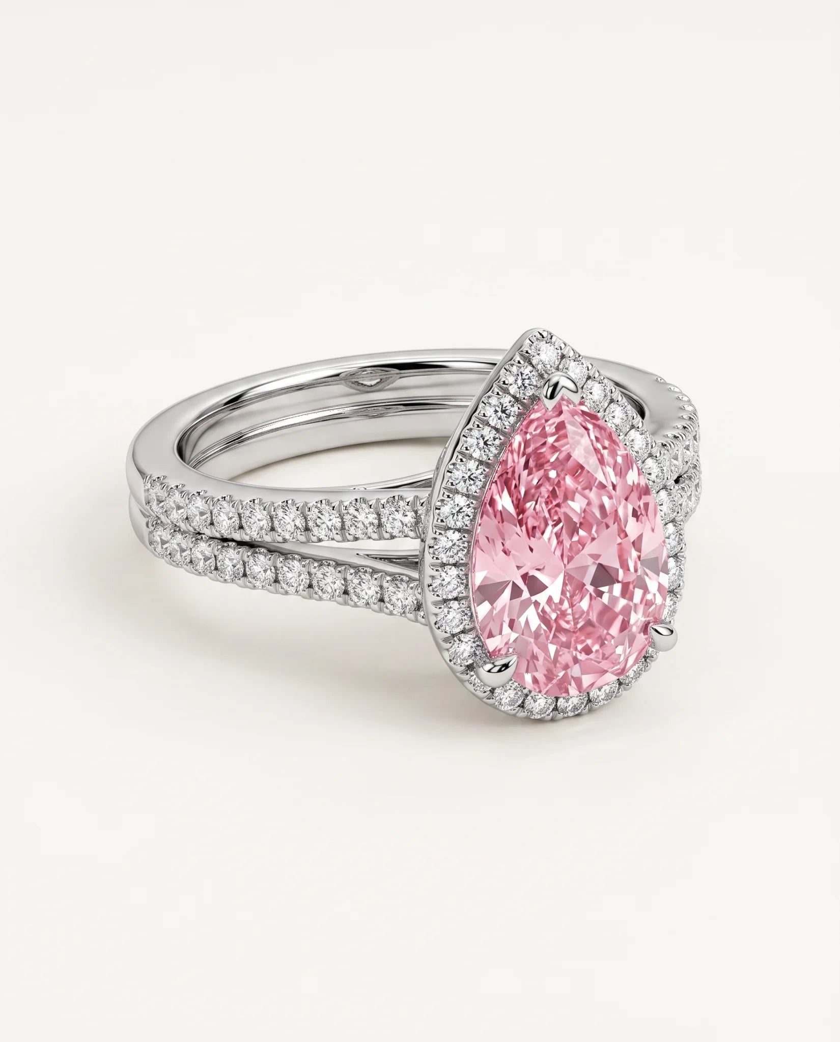 3 Carat Fancy Intense Pink Lab Grown Diamond Engagement Ring · Pear Cut Halo & Split Shank Pavé in 18K White Gold - view 2
