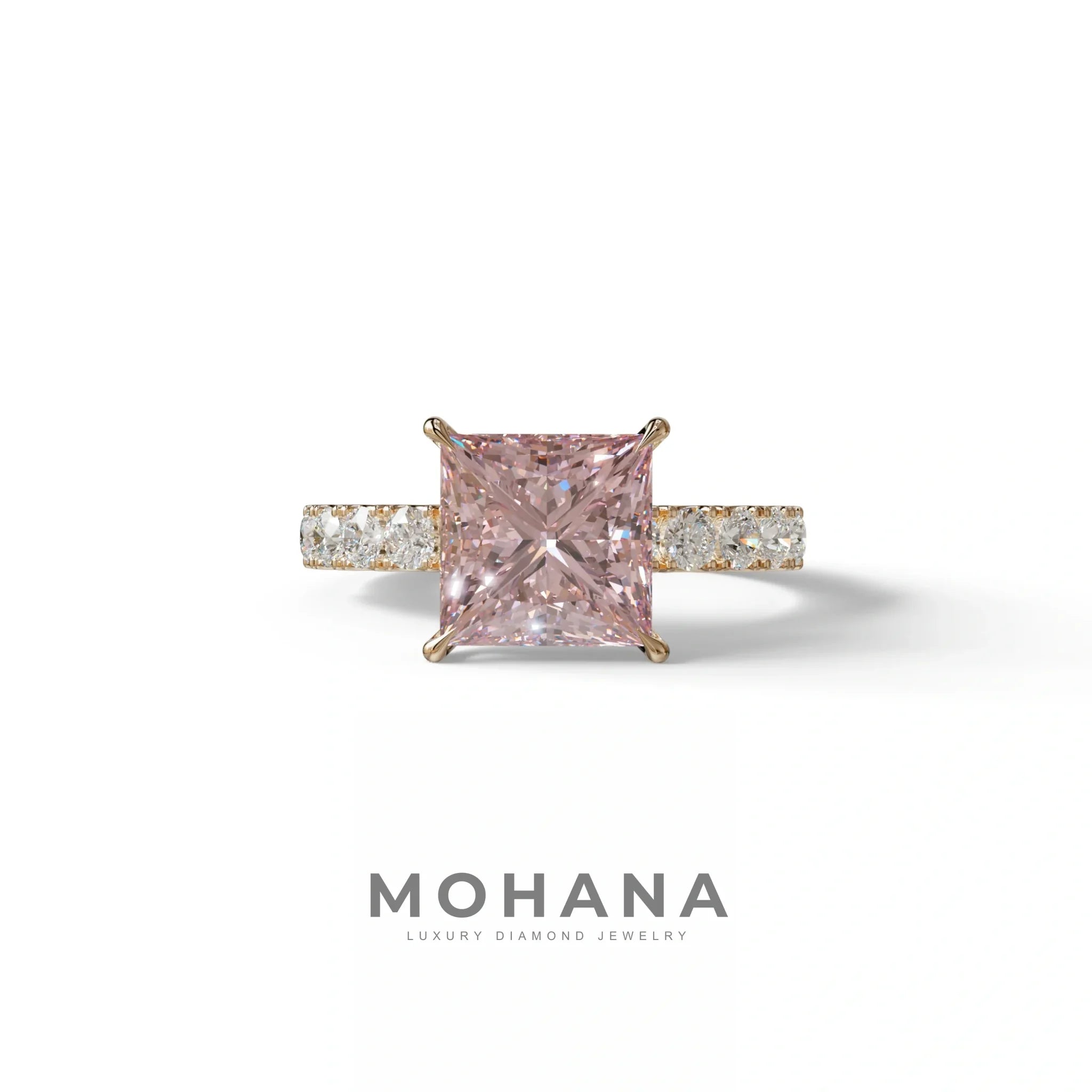 3 Carat Fancy Intense Pink Princess Cut Pave Lab Created Ring - Elysia - 10K Solid Gold / Rose Gold