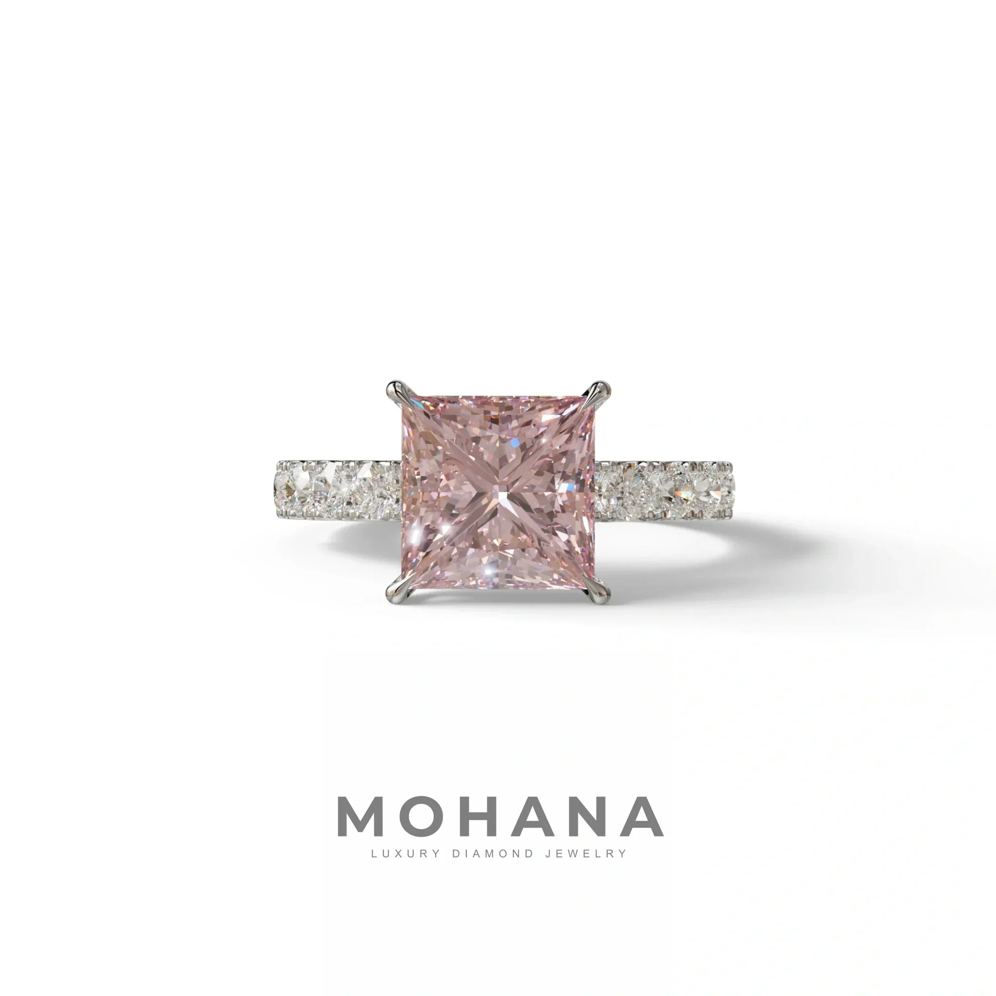 3 Carat Fancy Intense Pink Princess Cut Pave Lab Created Ring - Elysia - 10K Solid Gold / White Gold