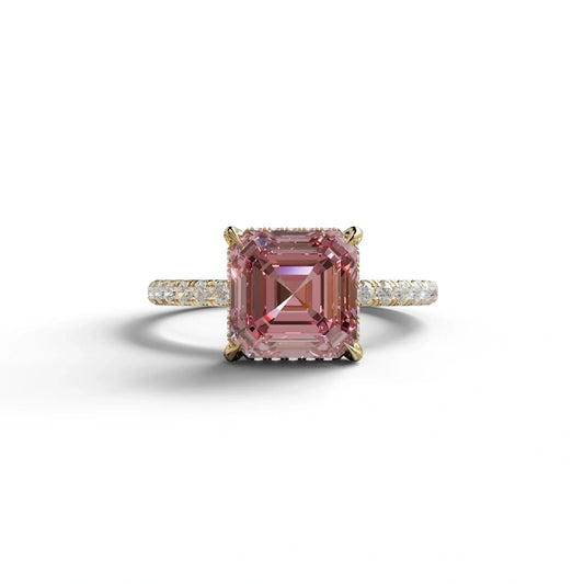 3 Carat Pink Asscher Cut Hidden Halo & Pave Lab Grown Diamond Ring - 10K Solid Gold / Yellow Gold