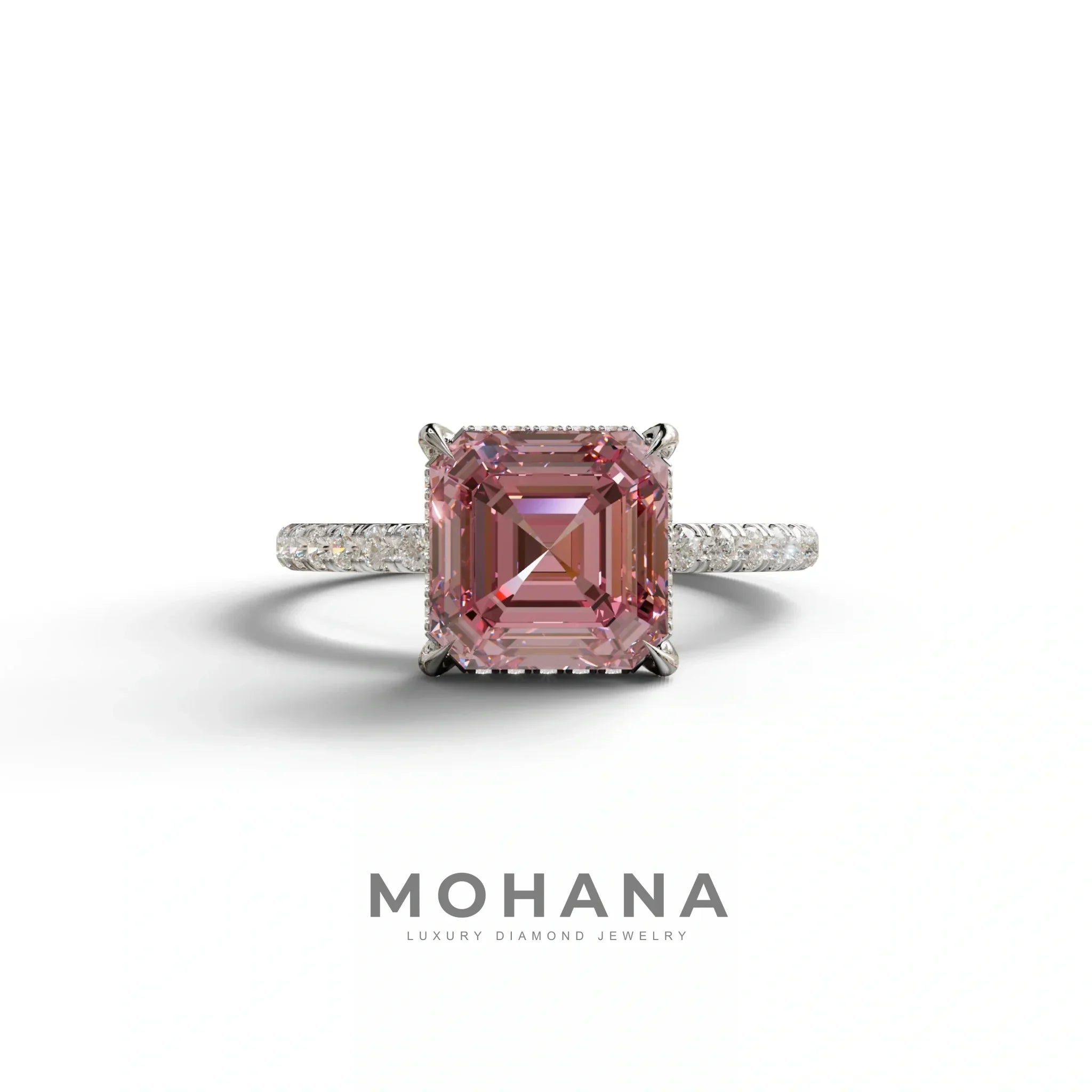 3 Carat Pink Asscher Cut Hidden Halo & Pave Lab Grown Diamond Ring - 10K Solid Gold / White Gold