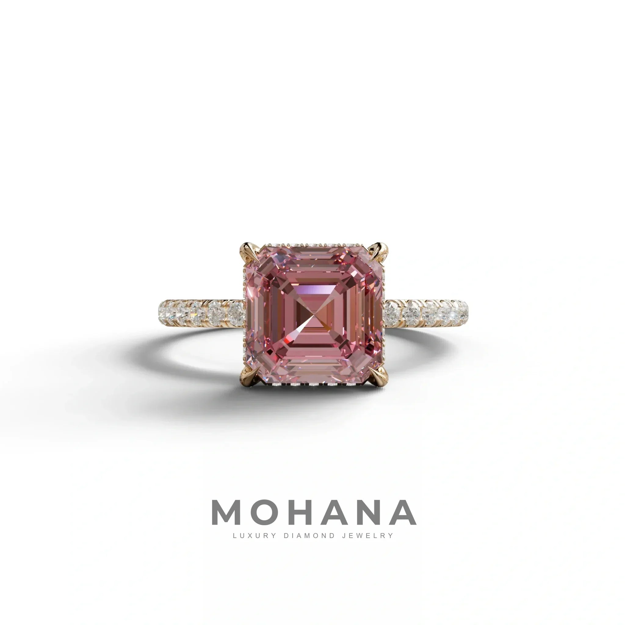 3 Carat Pink Asscher Cut Hidden Halo & Pave Lab Grown Diamond Ring - 10K Solid Gold / Rose Gold