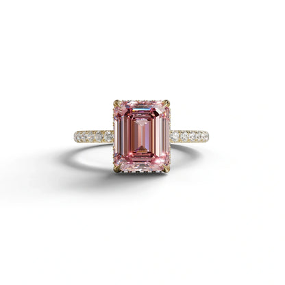 3 Carat Pink Emerald Cut Lab Diamond In Hidden Halo & Pave Setting Ring - 10K Solid Gold / Yellow Gold