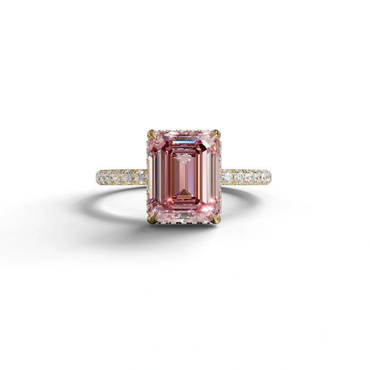 3 Carat Pink Emerald Cut Lab Diamond In Hidden Halo & Pave Setting Ring - 10K Solid Gold / Yellow Gold