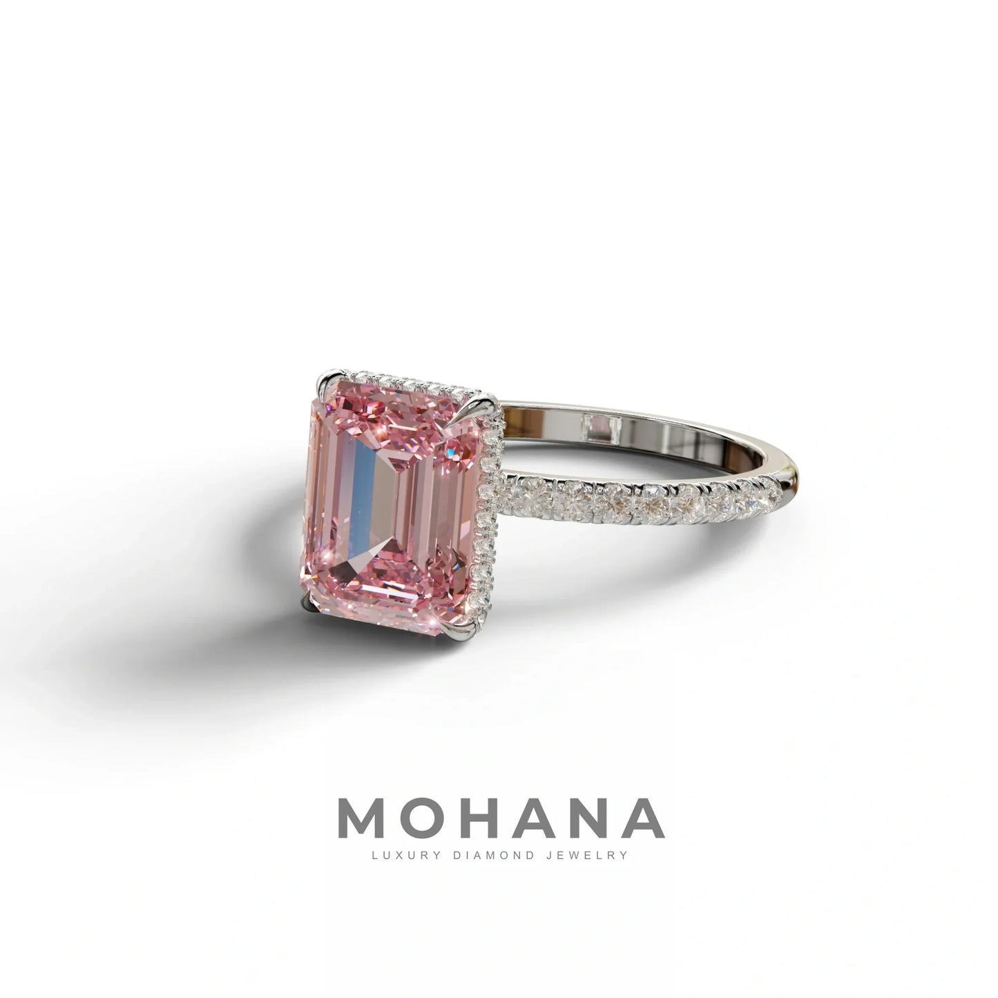 3 Carat Pink Emerald Cut Lab Diamond In Hidden Halo & Pave Setting Ring