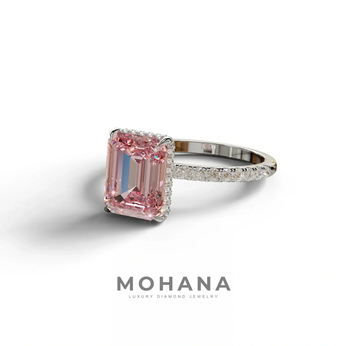 3 Carat Pink Emerald Cut Lab Diamond In Hidden Halo & Pave Setting Ring