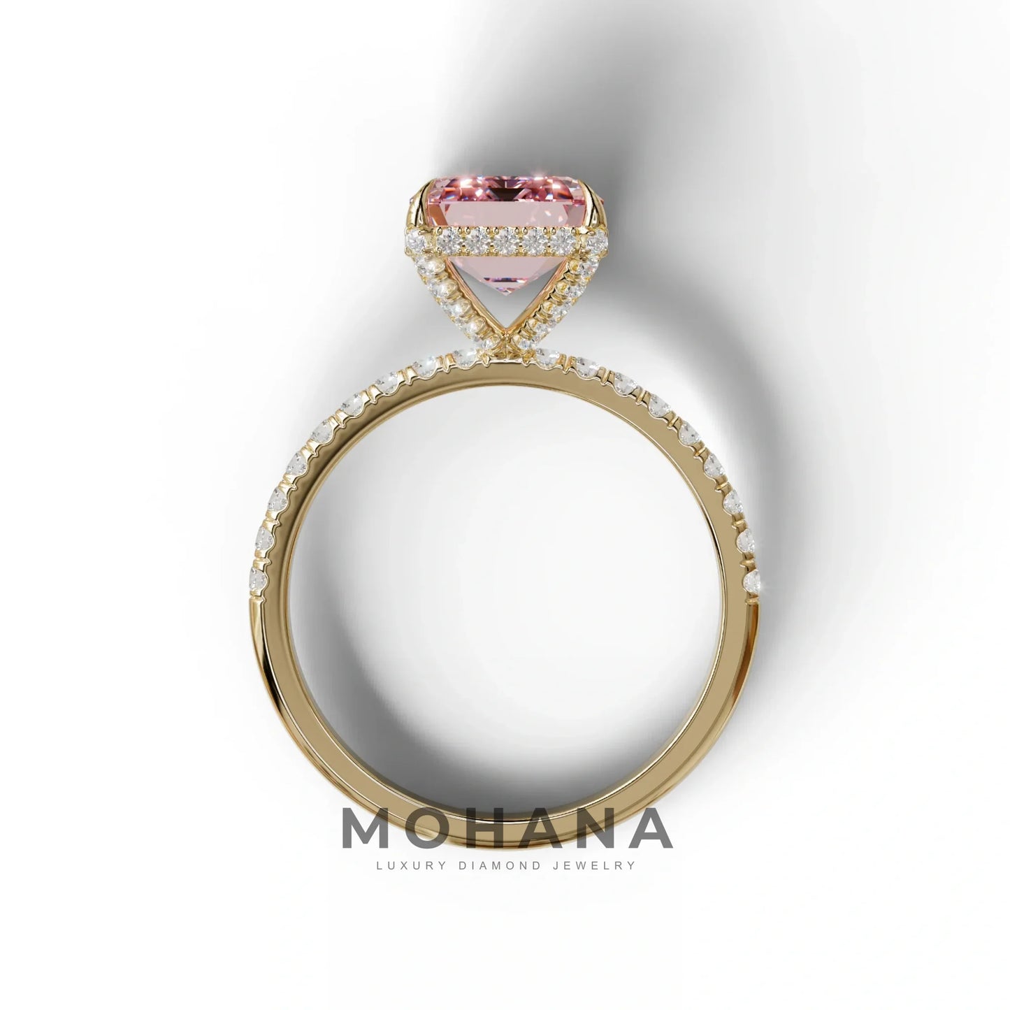 3 Carat Pink Emerald Cut Lab Diamond In Hidden Halo & Pave Setting Ring