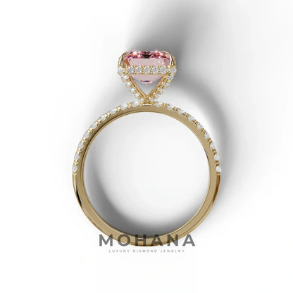 3 Carat Pink Emerald Cut Lab Diamond In Hidden Halo & Pave Setting Ring