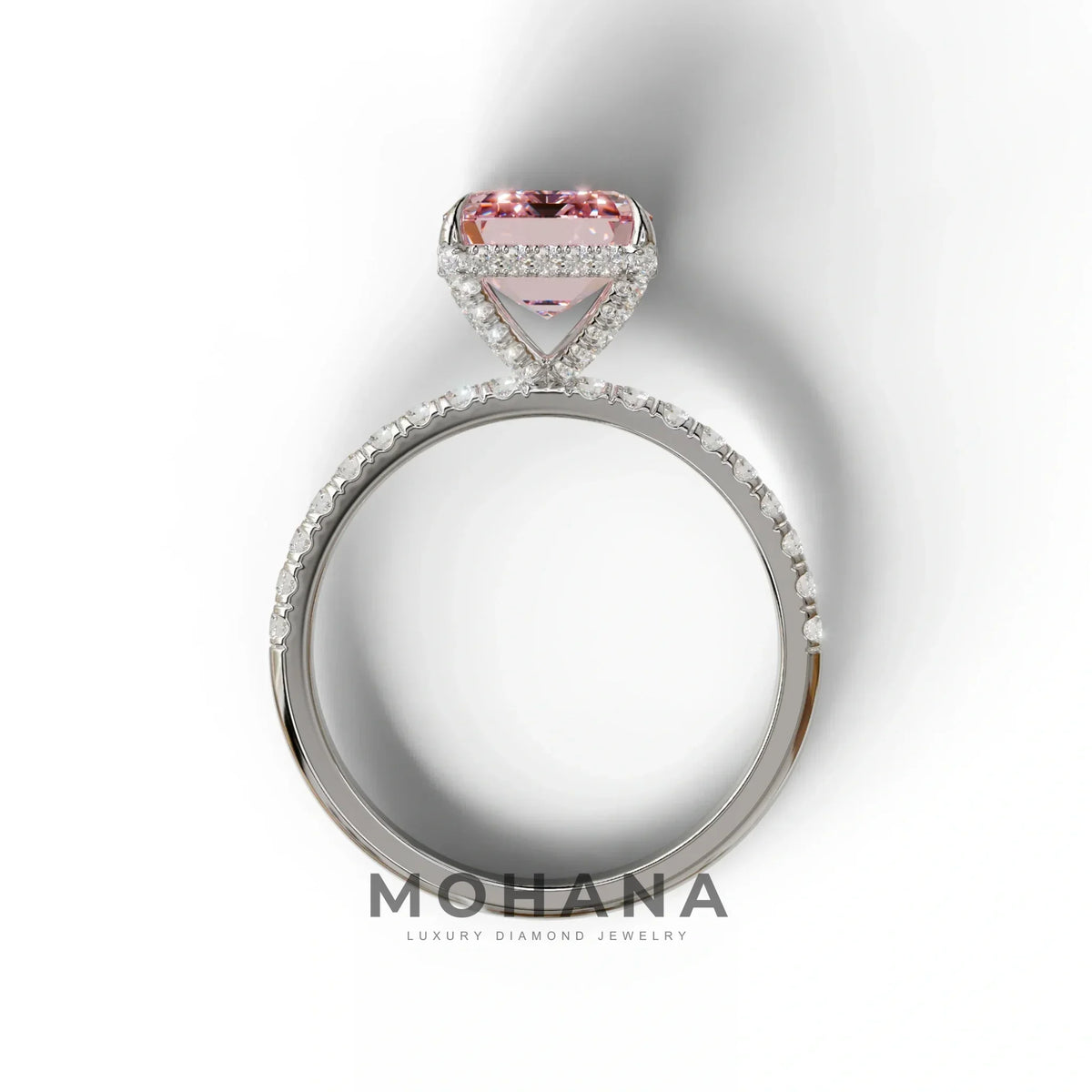 3 Carat Pink Emerald Cut Lab Diamond In Hidden Halo & Pave Setting Ring