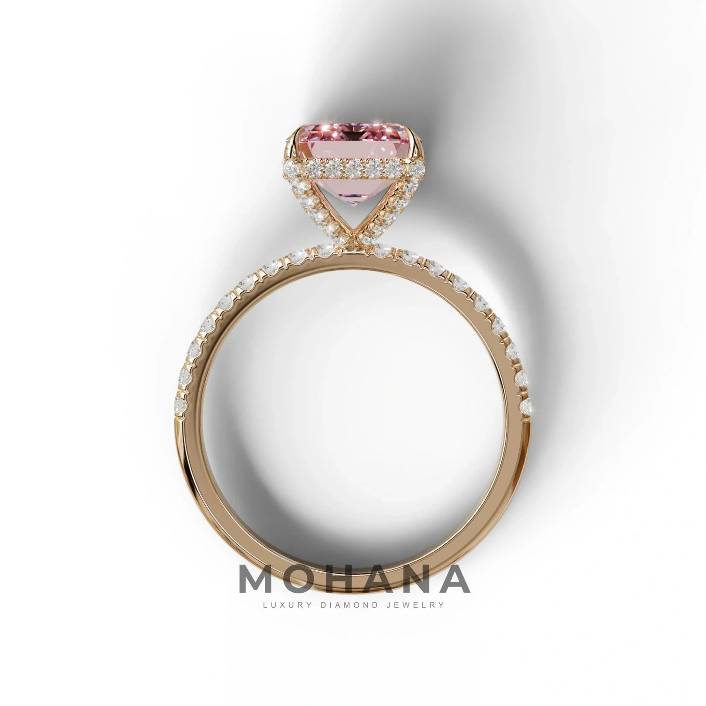 3 Carat Pink Emerald Cut Lab Diamond In Hidden Halo & Pave Setting Ring