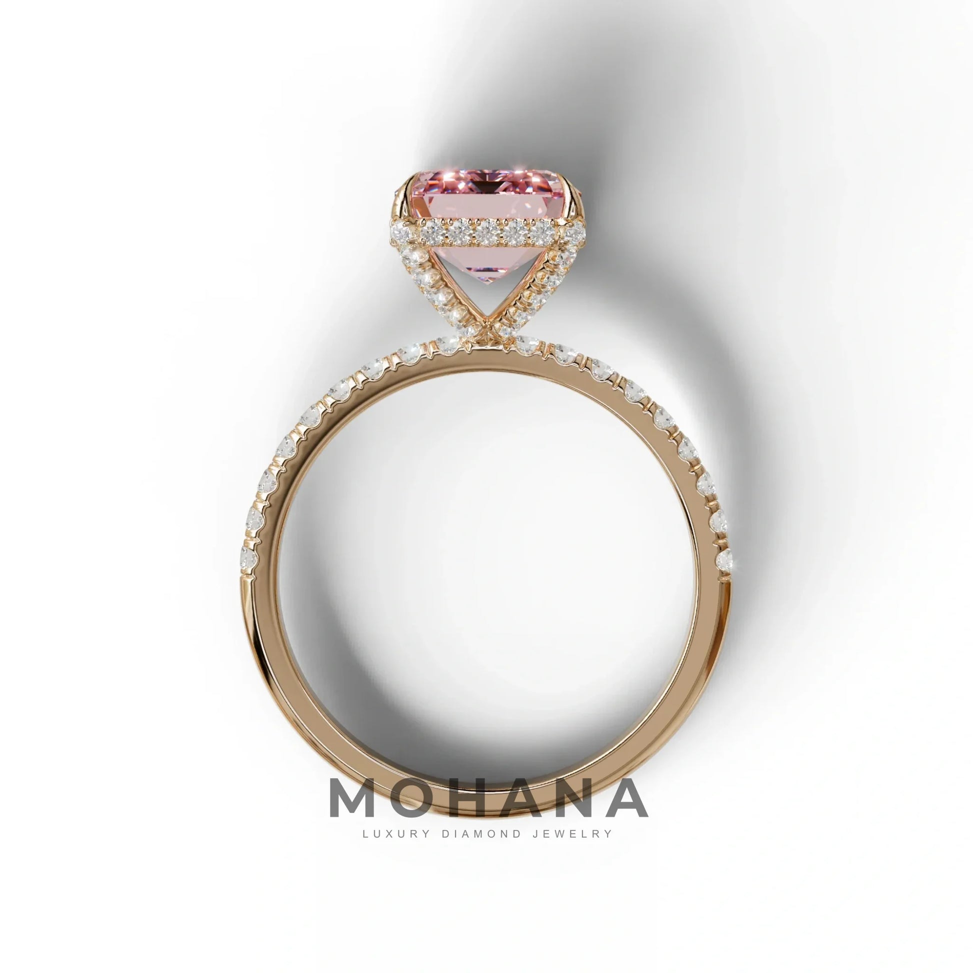 3 Carat Pink Emerald Cut Lab Diamond In Hidden Halo & Pave Setting Ring