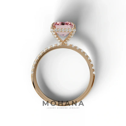 3 Carat Pink Emerald Cut Lab Diamond In Hidden Halo & Pave Setting Ring