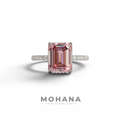3 Carat Pink Emerald Cut Lab Diamond In Hidden Halo & Pave Setting Ring - 10K Solid Gold / White Gold