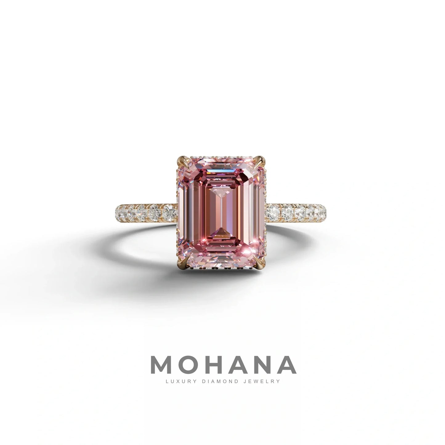 3 Carat Pink Emerald Cut Lab Diamond In Hidden Halo & Pave Setting Ring - 10K Solid Gold / Rose Gold