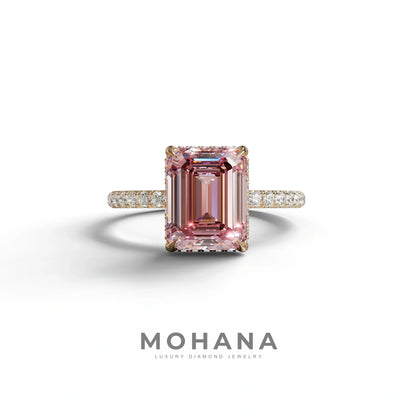 3 Carat Pink Emerald Cut Lab Diamond In Hidden Halo & Pave Setting Ring - 10K Solid Gold / Rose Gold