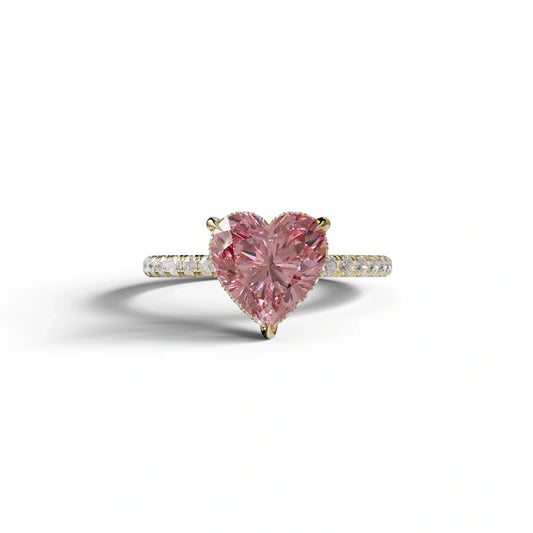 Pink 3 Carat Heart Cut Hidden Halo & Pavé Setting Engagement Ring - 10K Solid Gold / Yellow Gold