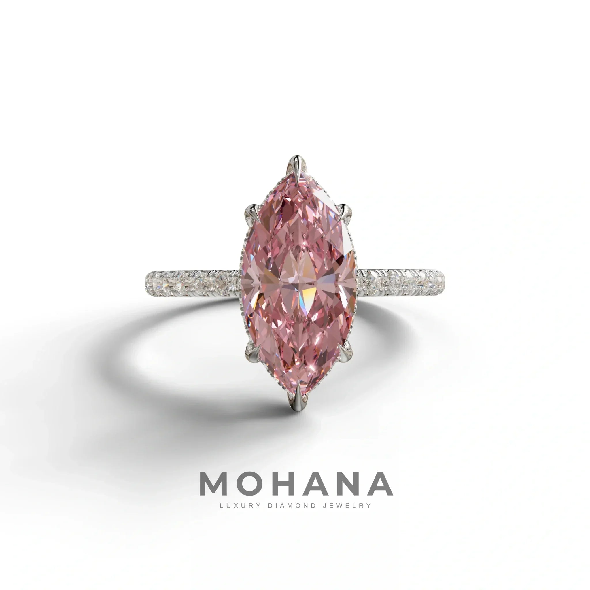 3 Carat Pink Marquise Cut Lab Diamond In Hidden Halo & Pave Setting Ring - 10K Solid Gold / White Gold