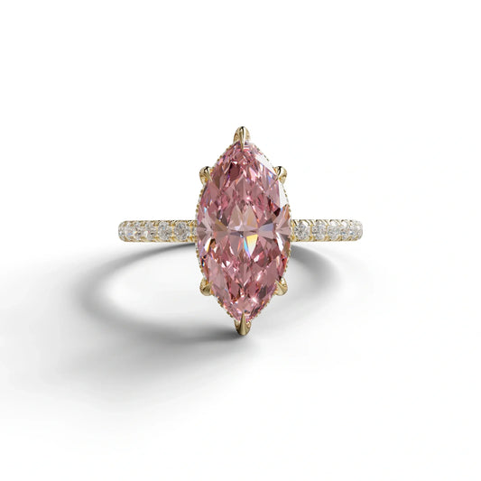 3 Carat Pink Marquise Cut Lab Diamond In Hidden Halo & Pave Setting Ring - 10K Solid Gold / Yellow Gold