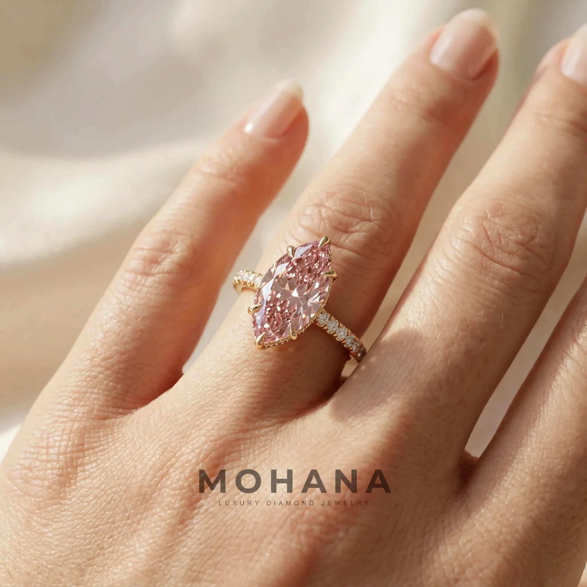 3 Carat Fancy Pink Marquise Hidden Halo Lab Grown Diamond Engagement Ring
