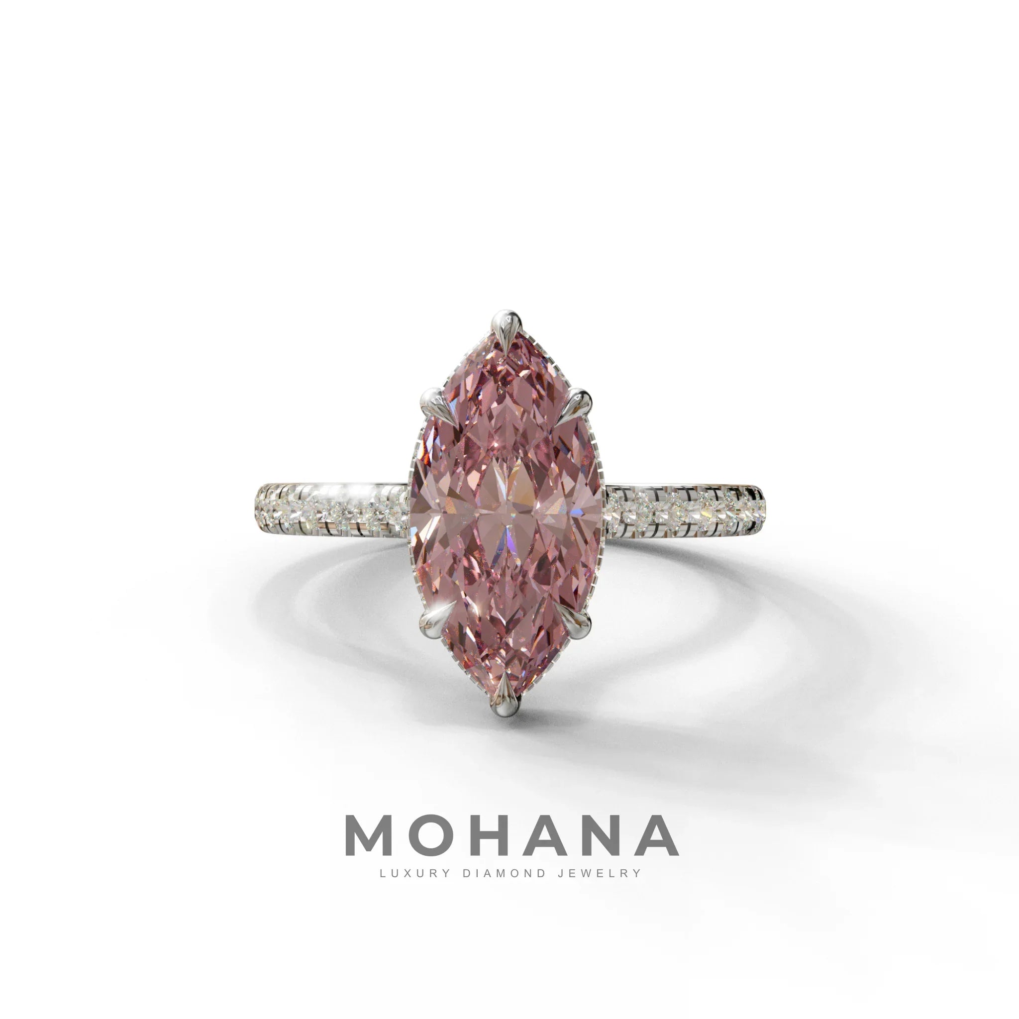 3 Carat Pink Marquise Cut Hidden Halo & Pave Set Lab Diamond Ring - Eblouissant - 10K Solid Gold / White Gold