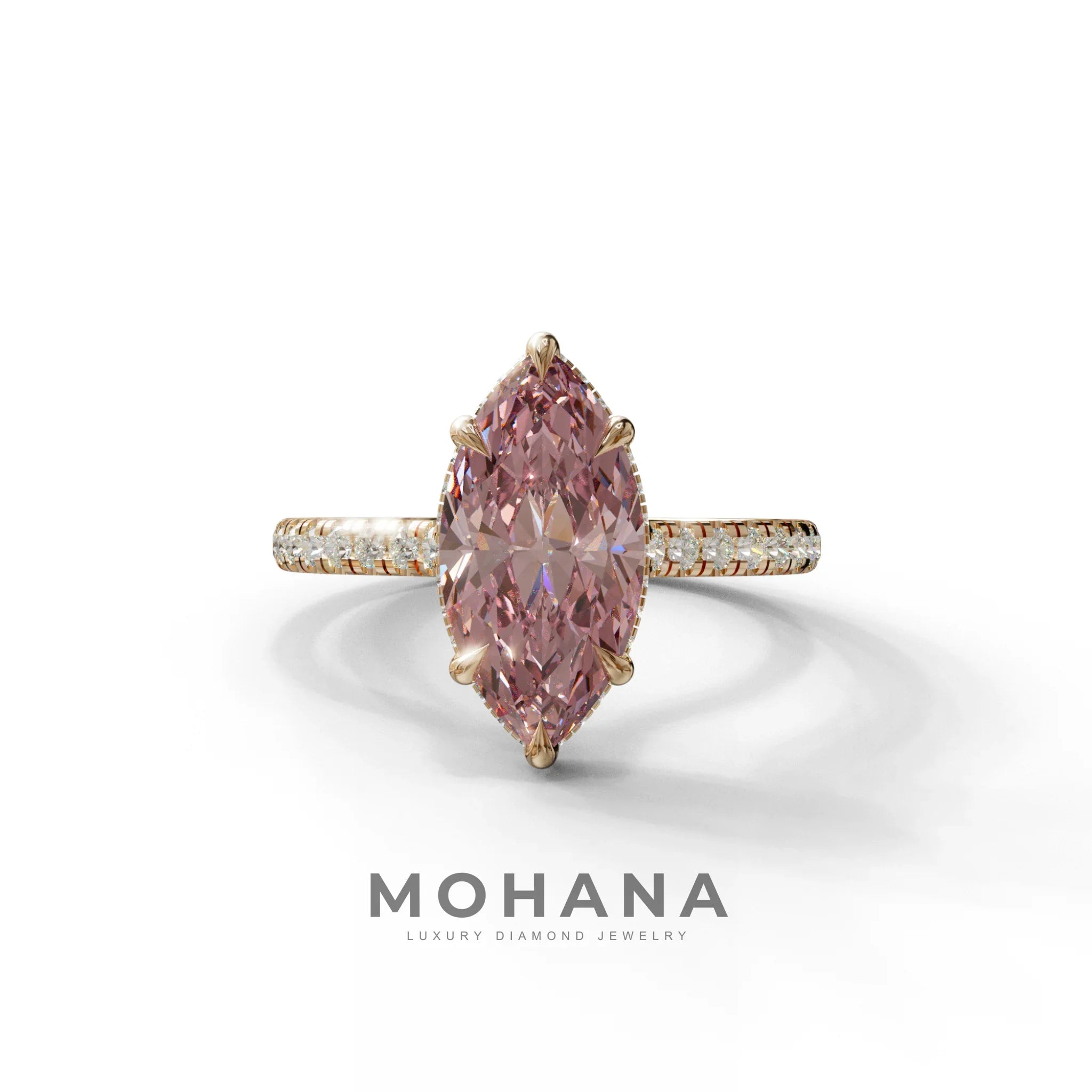 3 Carat Pink Marquise Cut Hidden Halo & Pave Set Lab Diamond Ring - Eblouissant - 10K Solid Gold / Rose Gold