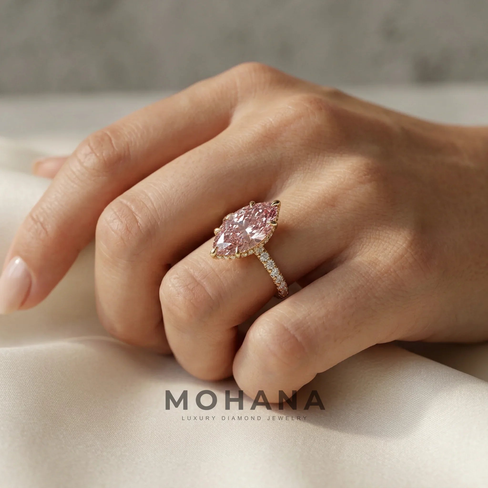 3 Carat Fancy Pink Marquise Hidden Halo Lab Grown Diamond Engagement Ring