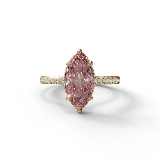 3 Carat Pink Marquise Cut Hidden Halo & Pave Set Lab Diamond Ring - Eblouissant - 10K Solid Gold / Yellow Gold