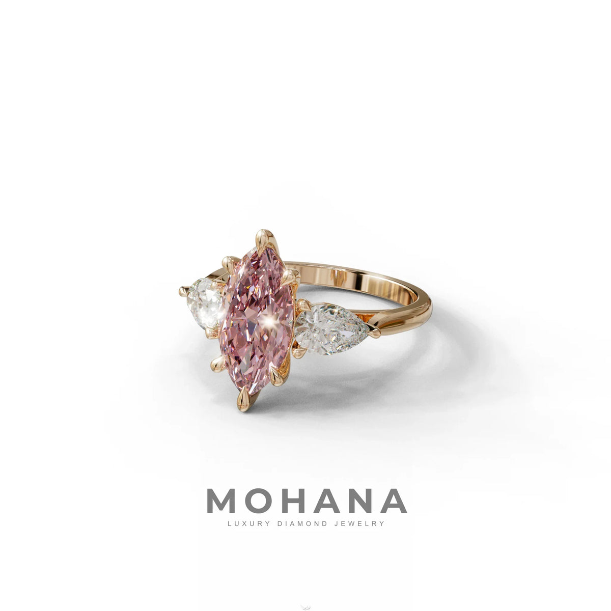 3 Carat Fancy Pink Marquise & Pear Cut Three Stone Lab Grown Diamond Engagement Ring