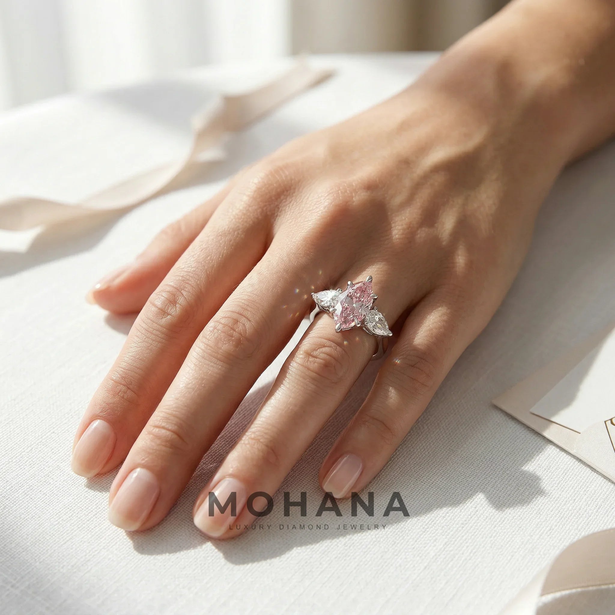 3 Carat Fancy Pink Marquise & Pear Cut Three Stone Lab Grown Diamond Engagement Ring