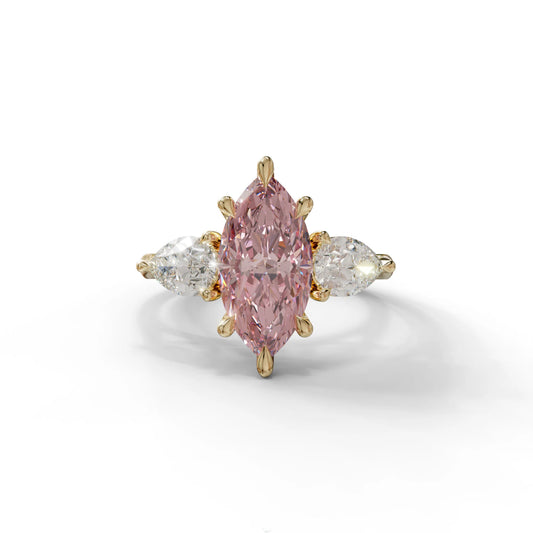 3 Carat Fancy Pink Marquise & Pear Cut Three Stone Lab Grown Diamond Engagement Ring - 10K Solid Gold / Yellow Gold