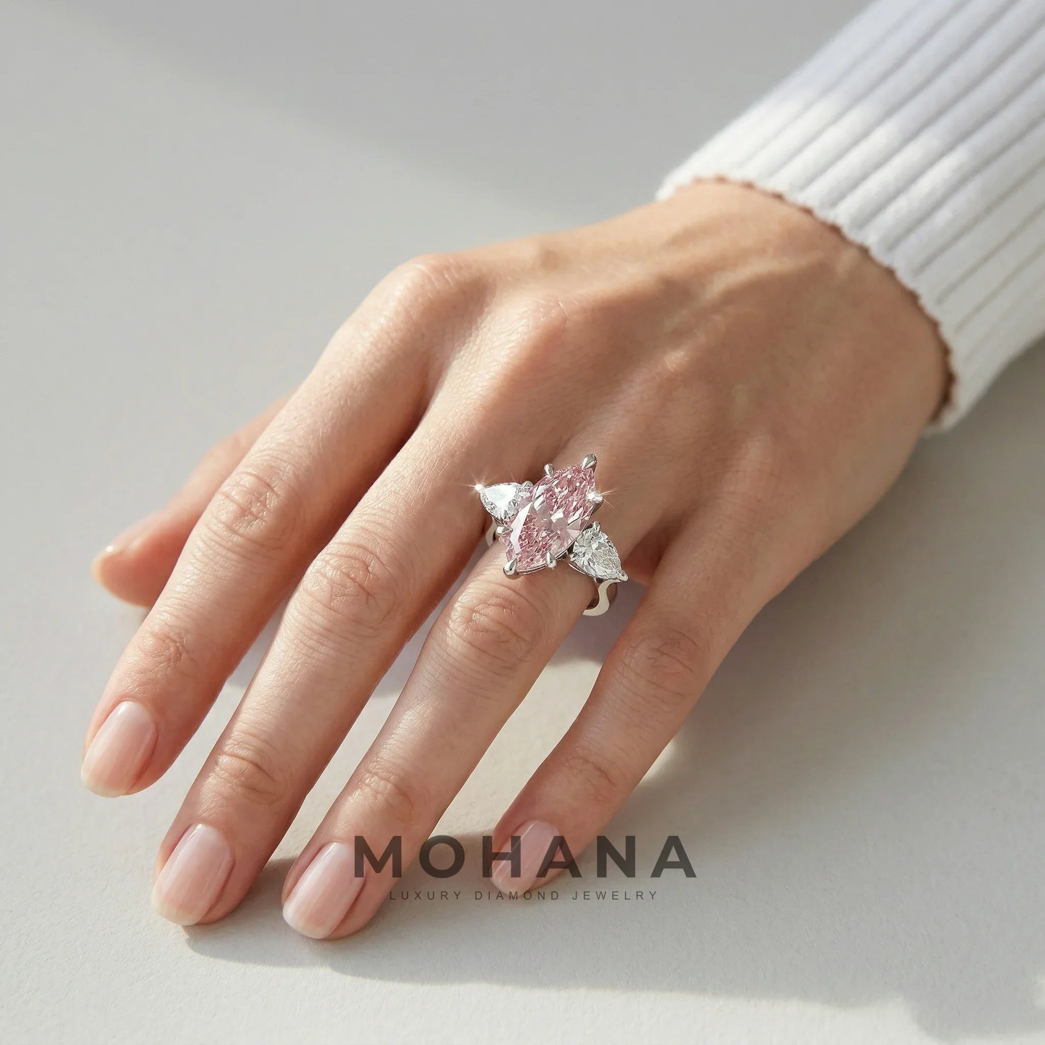 3 Carat Fancy Pink Marquise & Pear Cut Three Stone Lab Grown Diamond Engagement Ring
