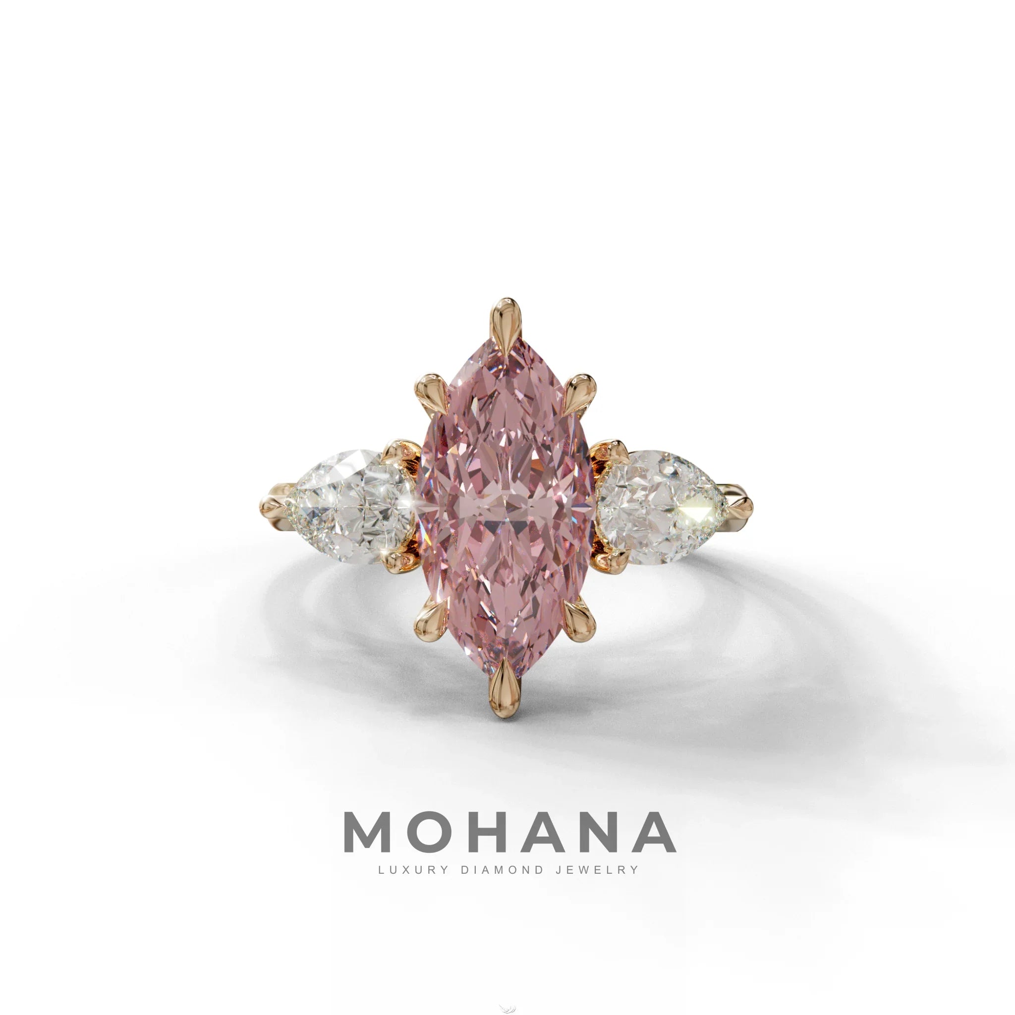 3 Carat Fancy Pink Marquise & Pear Cut Three Stone Lab Grown Diamond Engagement Ring - 10K Solid Gold / Rose Gold