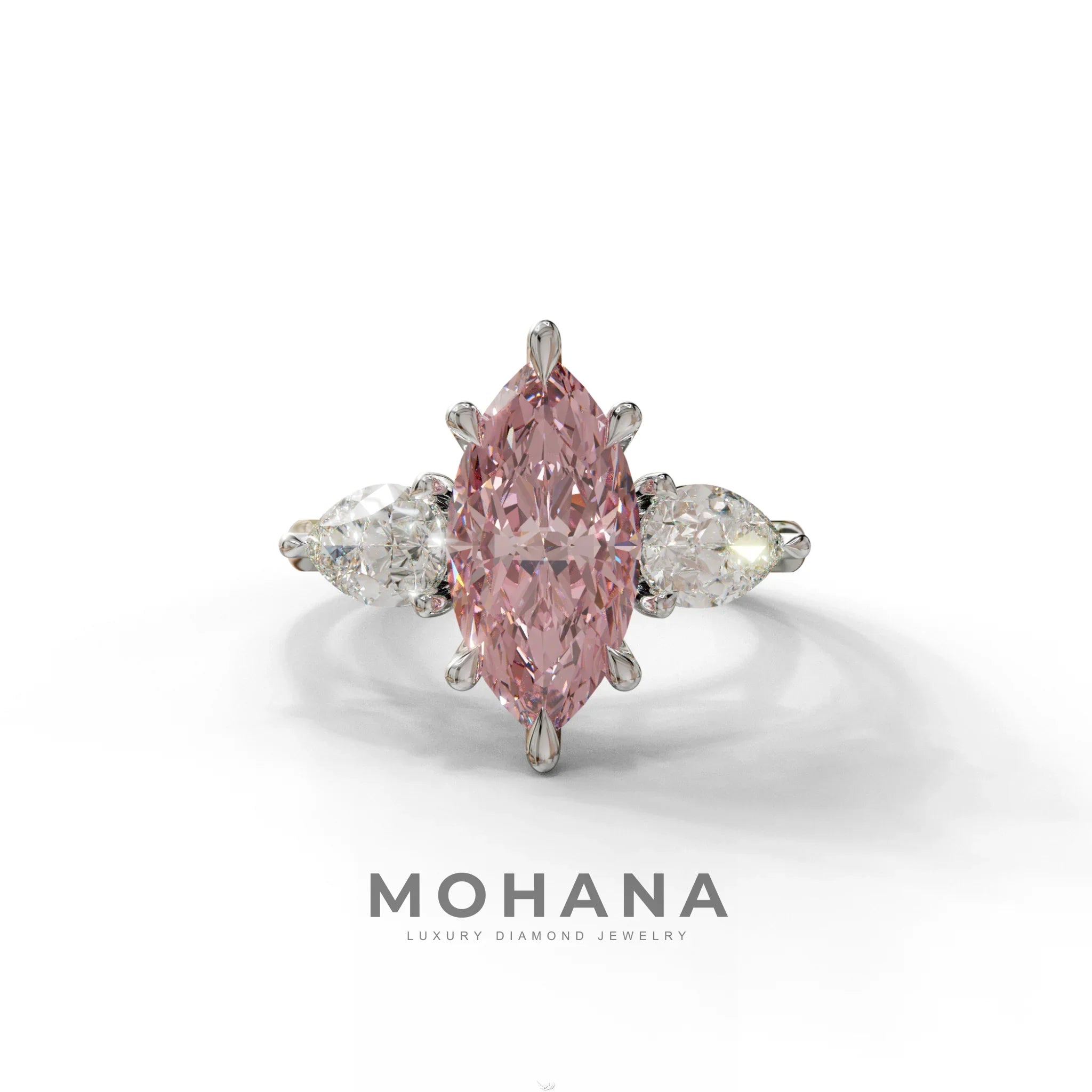 3 Carat Fancy Pink Marquise & Pear Cut Three Stone Lab Grown Diamond Engagement Ring - 10K Solid Gold / White Gold