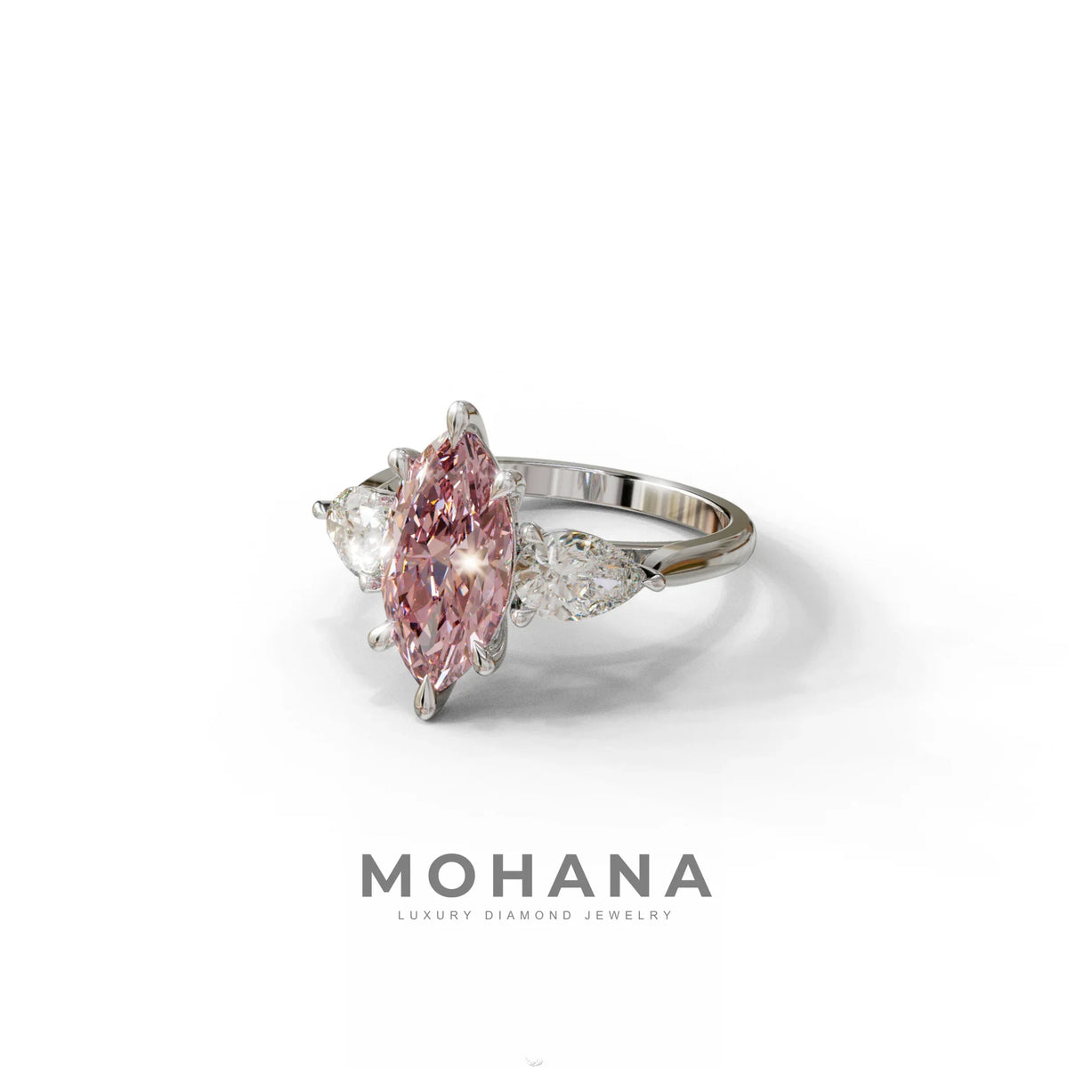 3 Carat Fancy Pink Marquise & Pear Cut Three Stone Lab Grown Diamond Engagement Ring