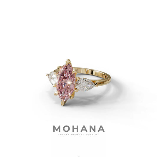 3 Carat Fancy Pink Marquise & Pear Cut Three Stone Lab Grown Diamond Engagement Ring