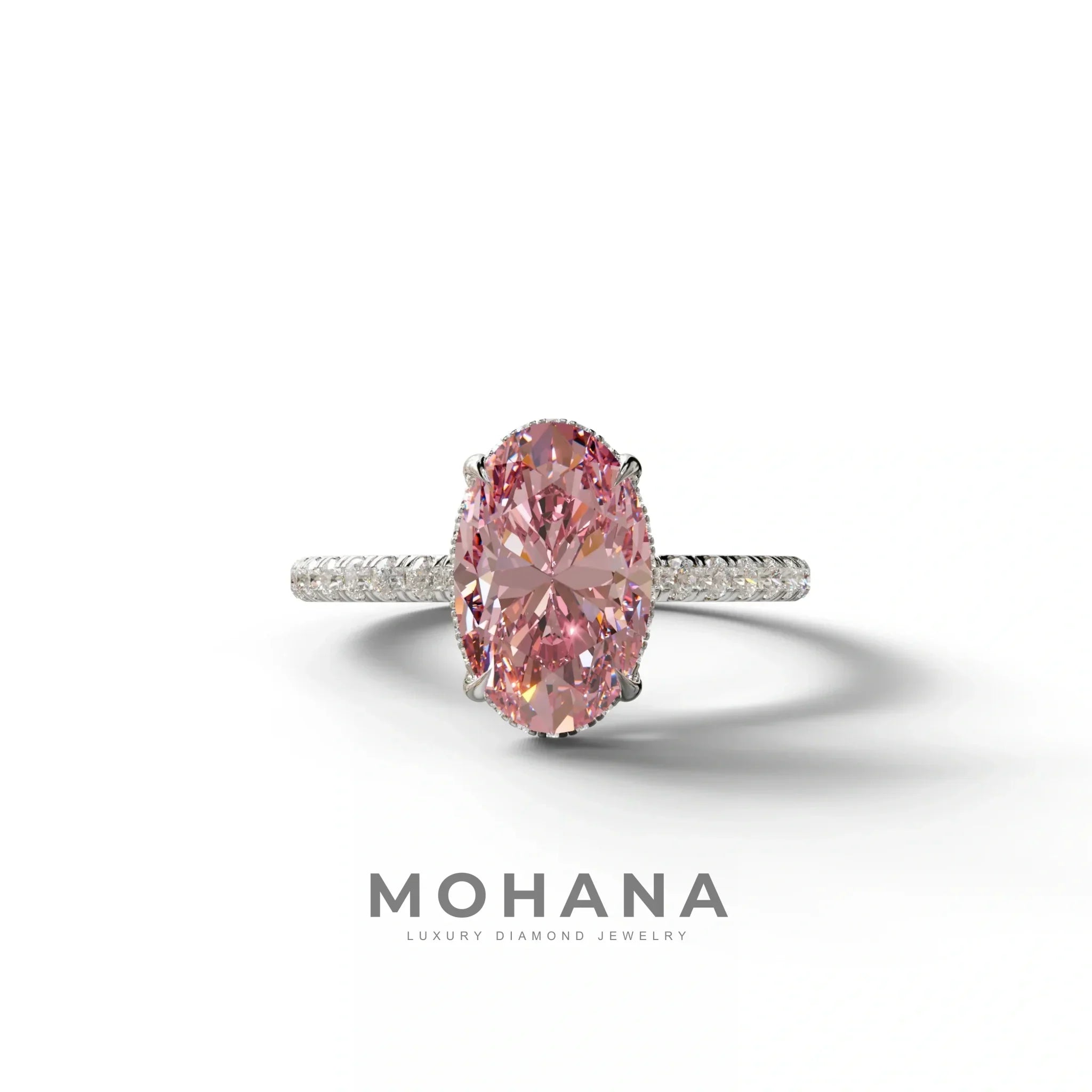 3 Carat Pink Oval Cut Hidden Halo & Pave Setting Lab Grown Diamond Ring - 10K Solid Gold / White Gold