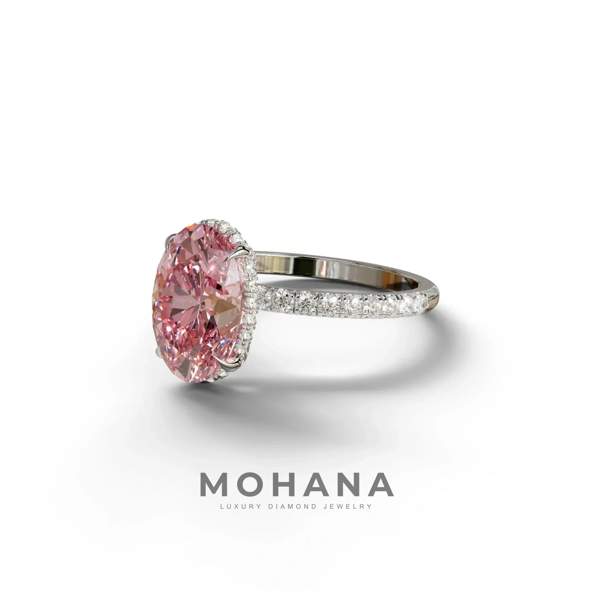 3 Carat Pink Oval Cut Hidden Halo & Pave Setting Lab Grown Diamond Ring