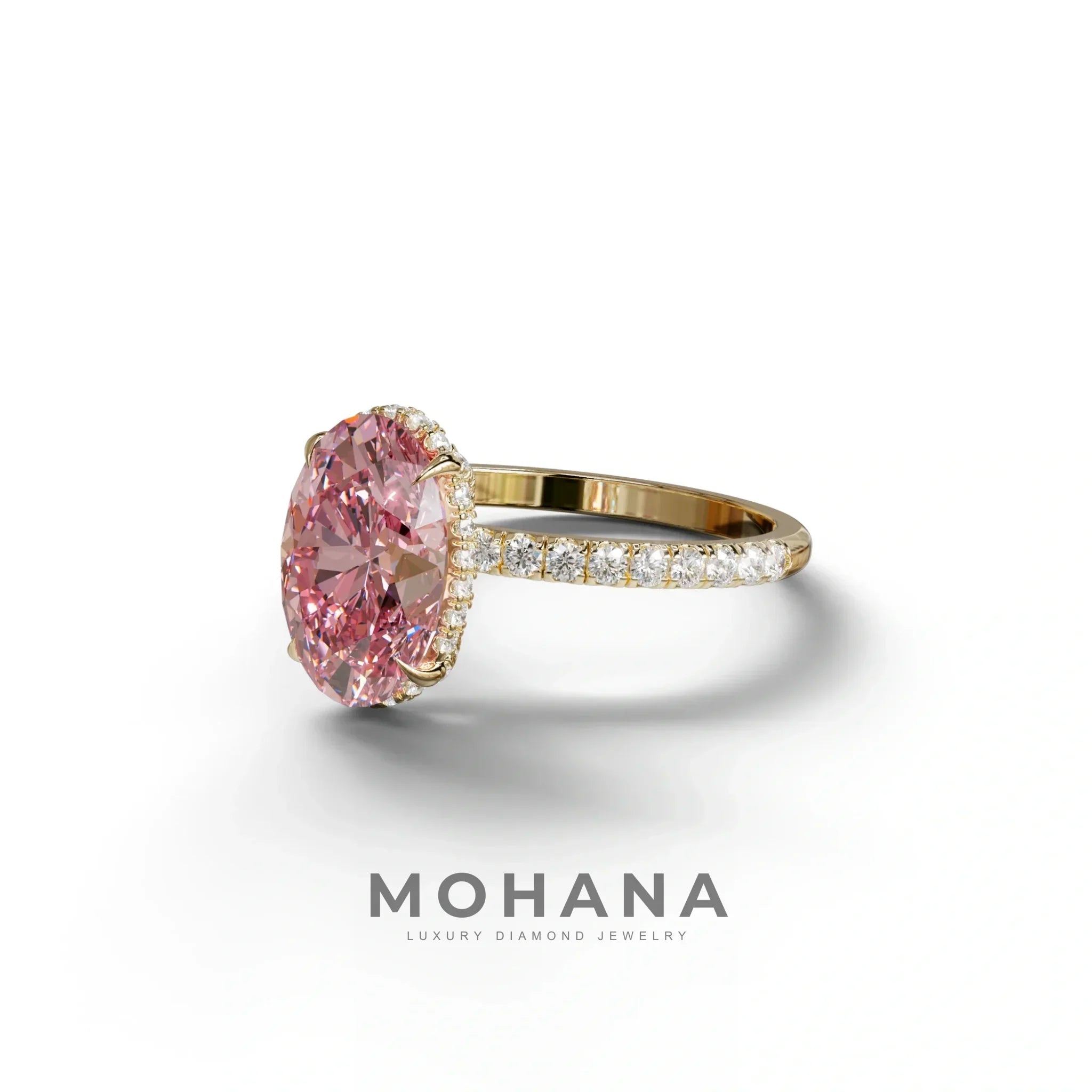 3 Carat Pink Oval Cut Hidden Halo & Pave Setting Lab Grown Diamond Ring