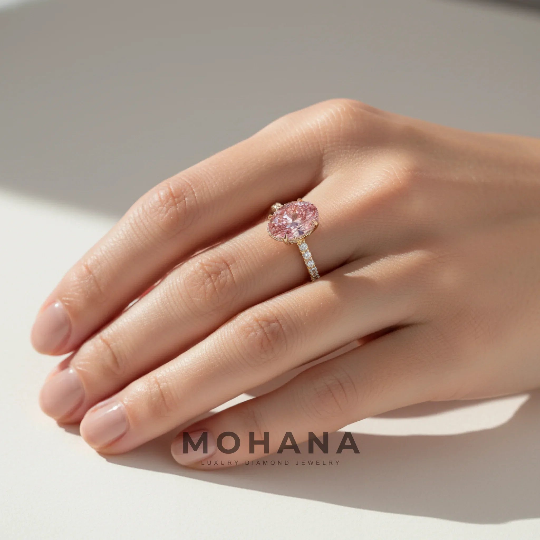 3 Carat Fancy Pink Oval Cut Hidden Halo & Pave Lab Grown Diamond Ring