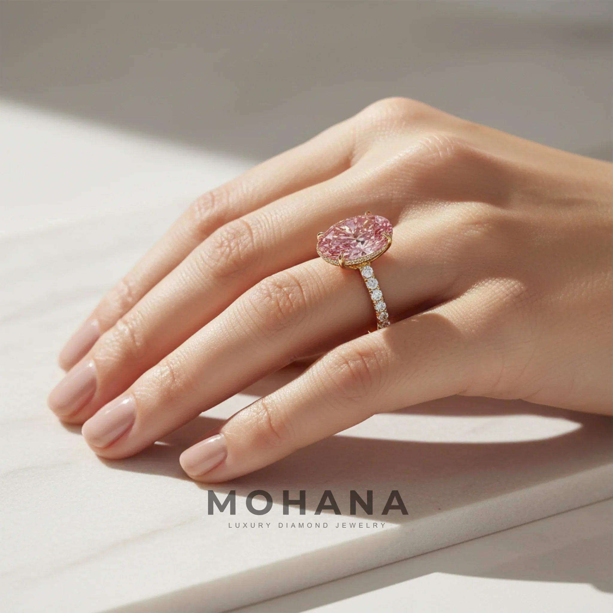 3 Carat Fancy Pink Oval Cut Hidden Halo & Pave Lab Grown Diamond Ring