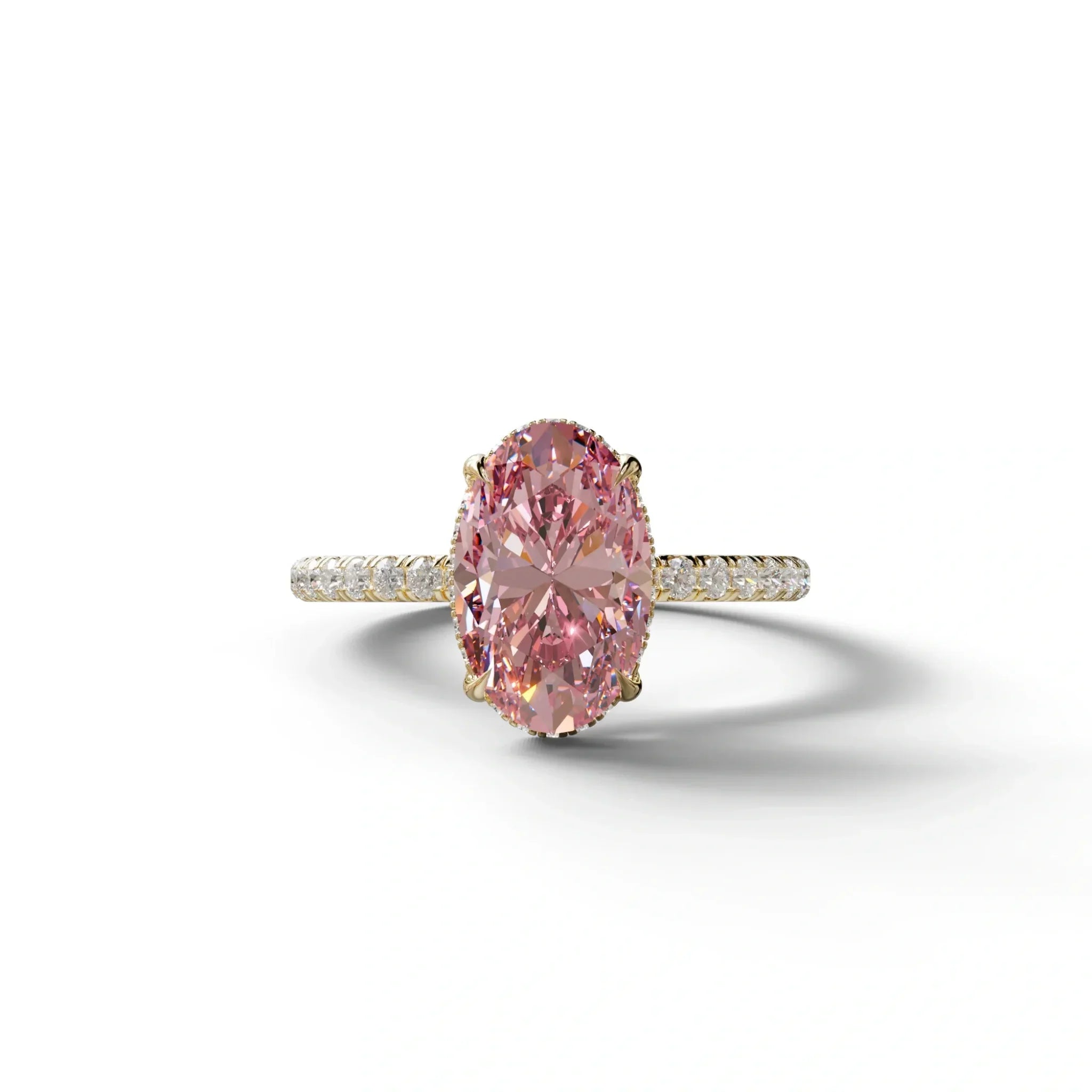 3 Carat Pink Oval Cut Hidden Halo & Pave Setting Lab Grown Diamond Ring - 10K Solid Gold / Yellow Gold